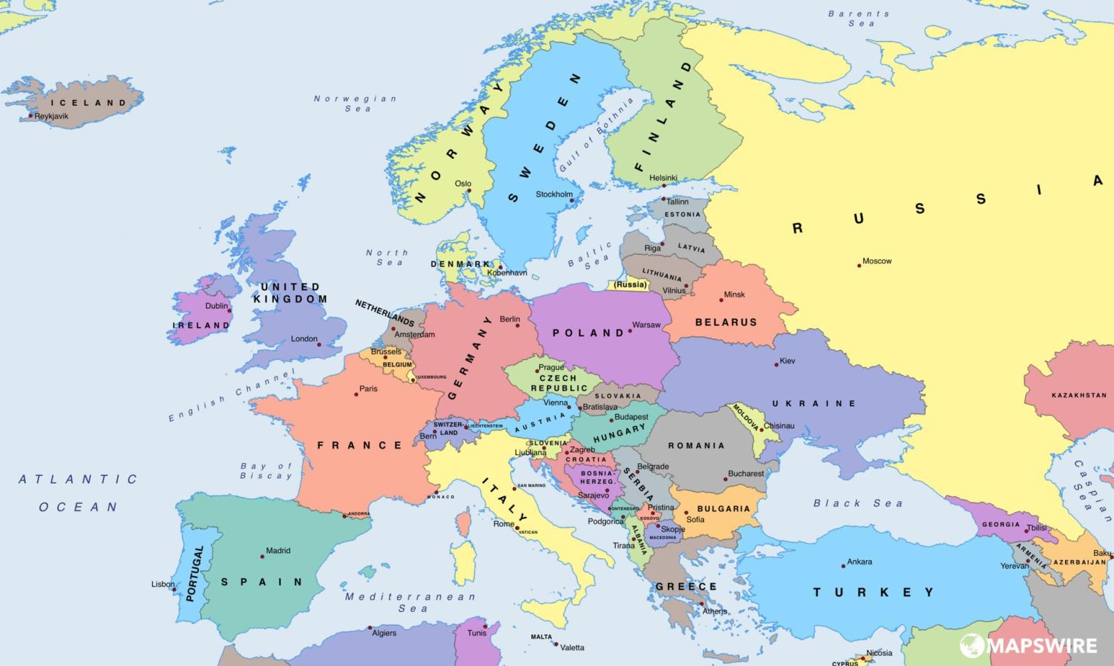 Map of the countries of Europe in different colors with each one labeled.